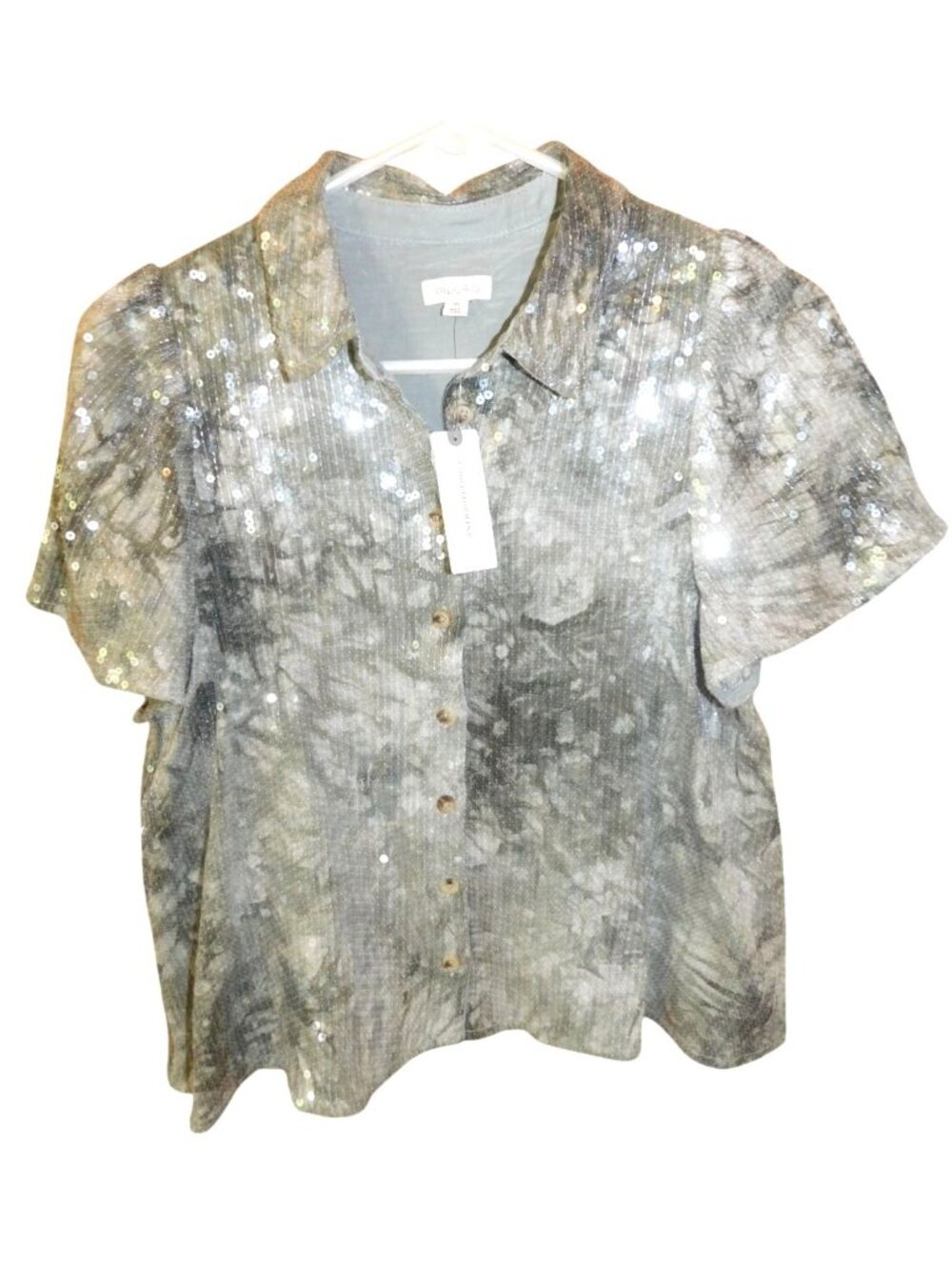 NWT Pilcro Anthropologie XS Sequin Shimmer Grey Button Shirt Boho Festival